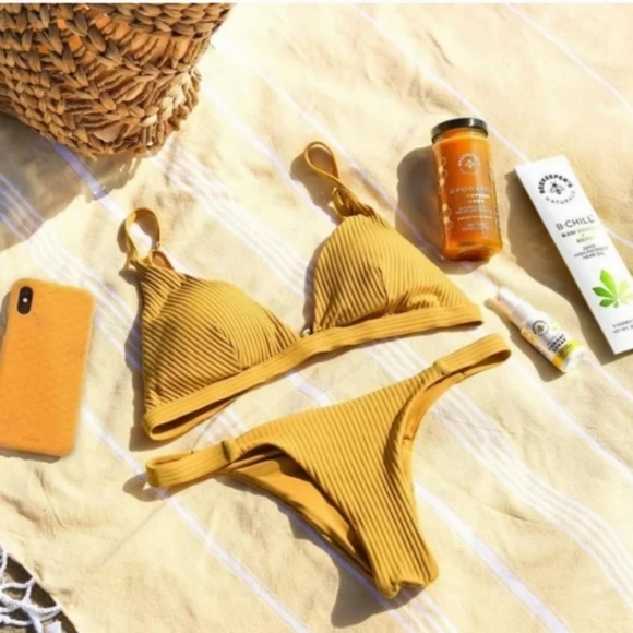 Vitamin A Moss Triangle Bikini Top Carmen Cheeky High Leg Bottom Marigold - Picture 3 of 9